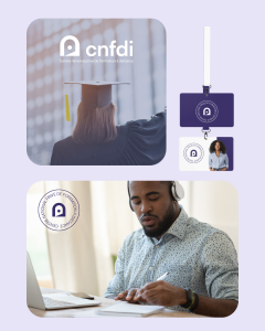 Déclinaisons du logo CNFDI : version principale et version ronde sur différents supports de communication.